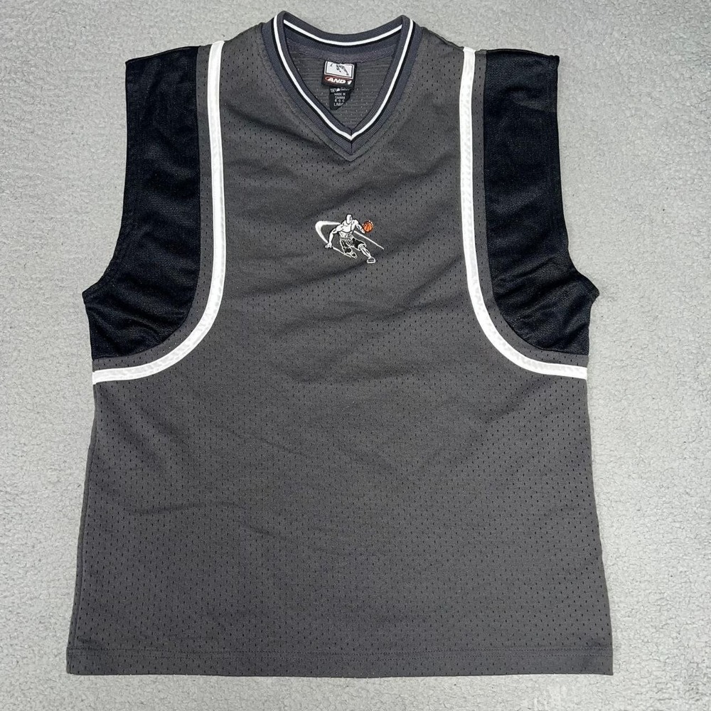 VTG AND1 Basketball Jersey Men's Sz L Gray Mesh V-Neck Embroidered Tank Top Y2K